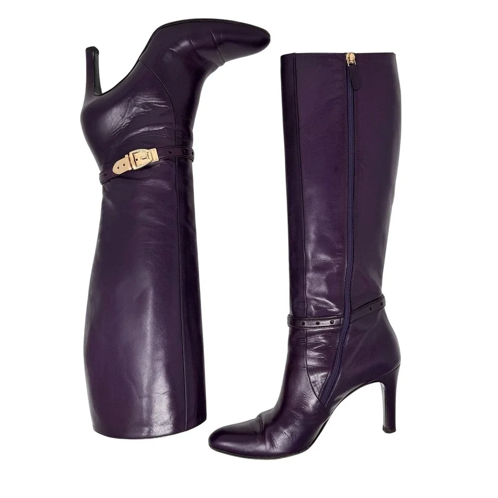 Gucci Knee High Boots Purple Leather Equestrian Early 2000s IT 37.5 / US 7.5B - Picture 2 of 14